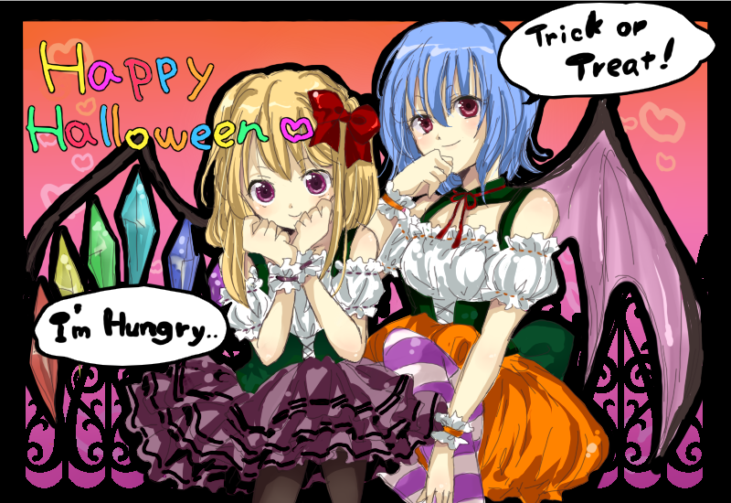 domazo no yuuki, kazachiha, flandre scarlet, remilia scarlet, touhou, bad id, bad pixiv id, 2girls, female focus, multiple girls, siblings, sisters