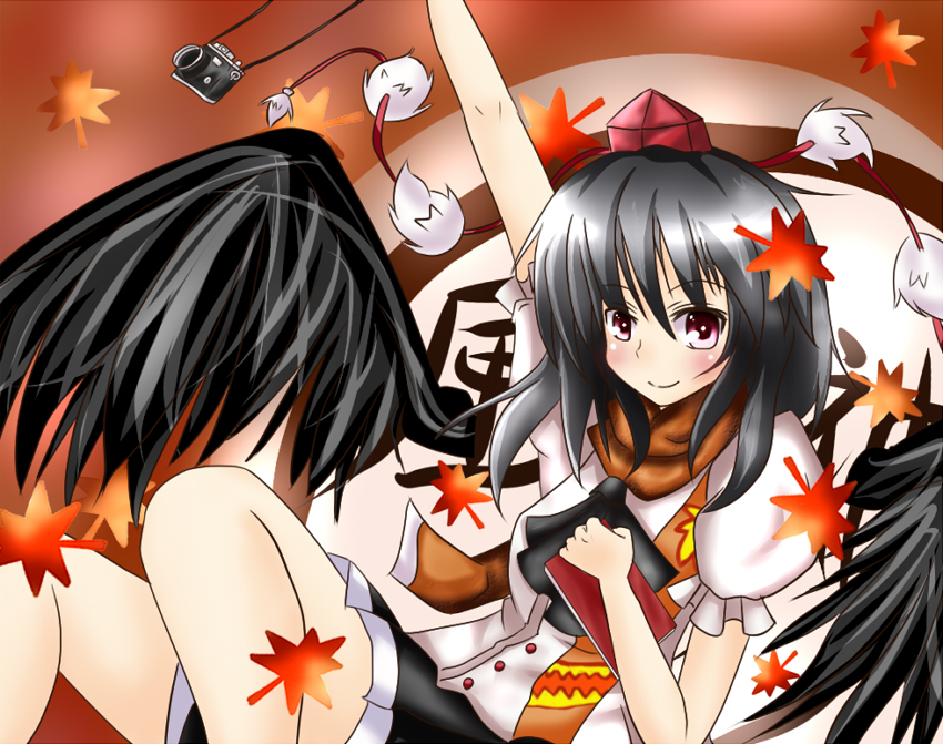 haru ion, shameimaru aya, touhou, bad id, bad pixiv id, 1girl, black hair, black wings, blush, book, camera, female focus, hat, leaf, looking at viewer, red eyes, scarf, skirt, smile, solo, wings
