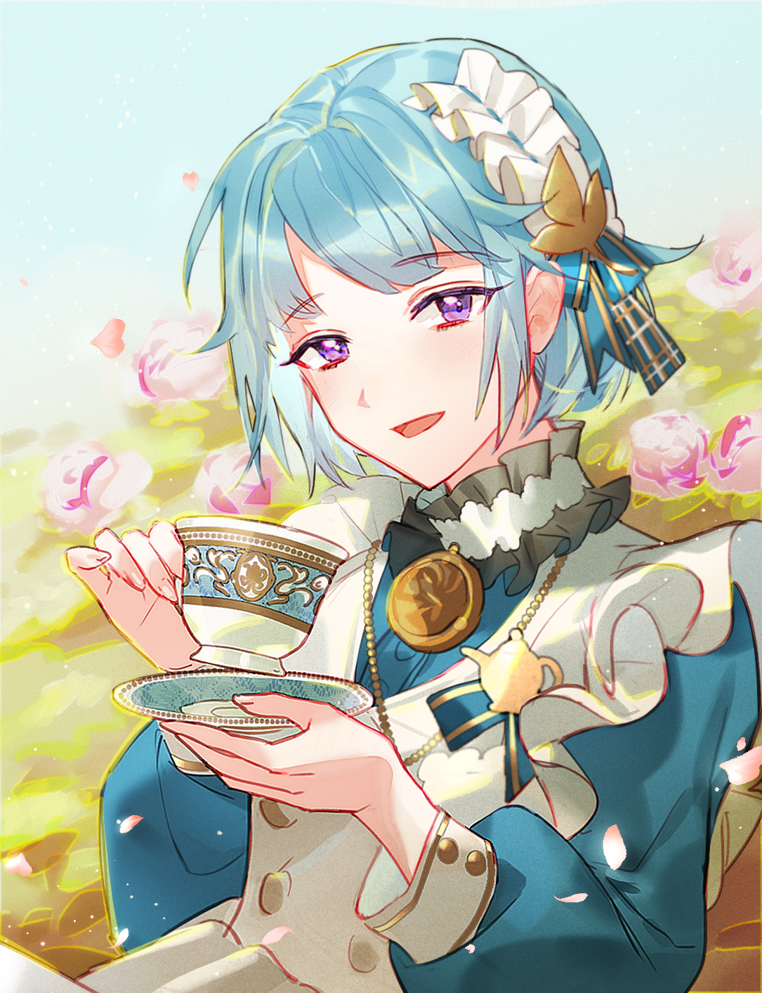 bamcream, shino hajime, ensemble stars!, commentary, english commentary, highres, mixed-language commentary, revision, 1boy, apron, blue dress, blue hair, cup, dress, flower, hair ornament, holding, holding cup, holding saucer, long sleeves, looking at viewer, male focus, open mouth, pink flower, pink rose, purple eyes, rose, saucer, short hair, smile, solo, teacup, upper body, white apron