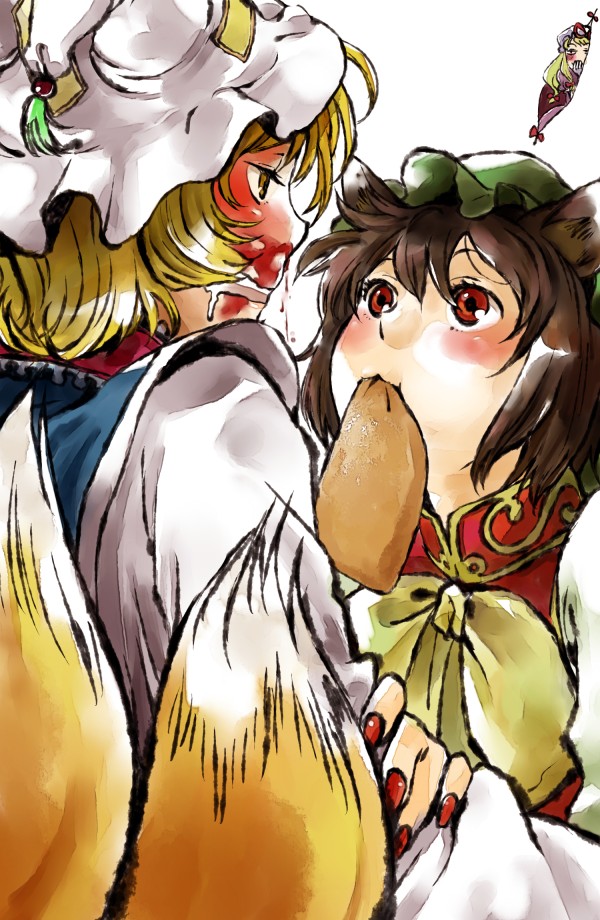 yukataro, chen, yakumo ran, yakumo yukari, touhou, bad id, bad pixiv id, 3girls, aburaage, blonde hair, blood, blush, female focus, food, gap (touhou), mouth hold, multiple girls, nosebleed, tofu
