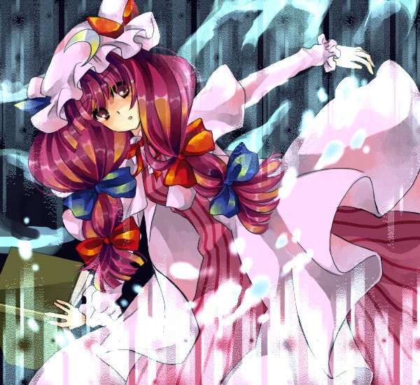 yutsuka, yutsuka (amyucca), patchouli knowledge, touhou, 1girl, crescent hat ornament, female focus, hair ribbon, hat, hat ornament, purple eyes, purple hair, ribbon, solo