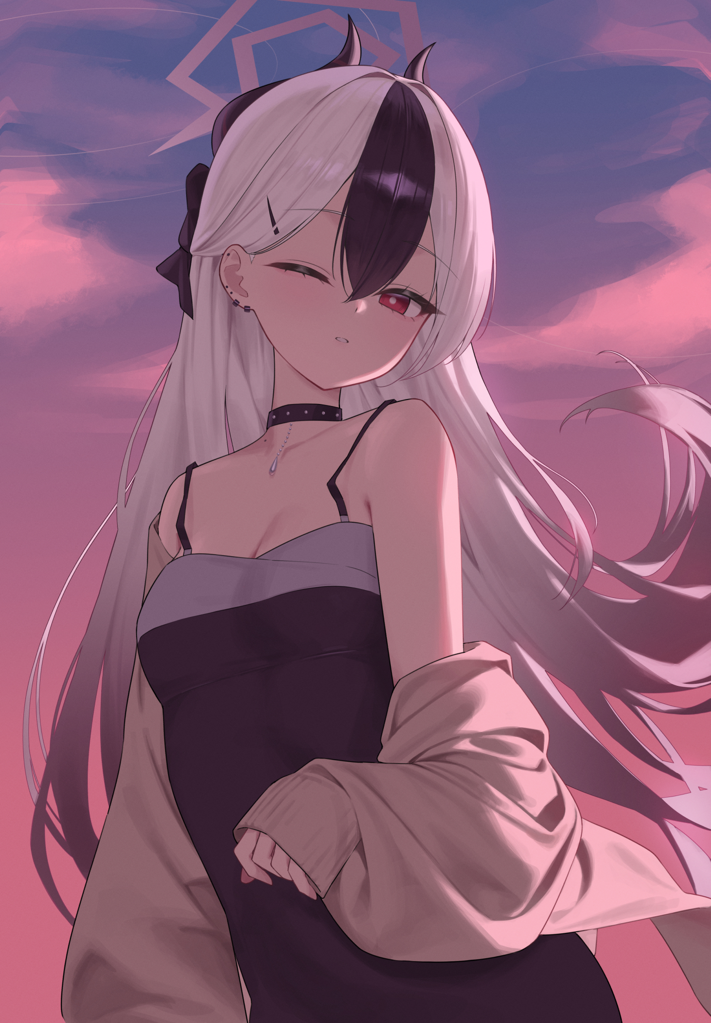 n4 h4m, kayoko (blue archive), kayoko (dress) (blue archive), blue archive, highres, 1girl, bare shoulders, black choker, black hair, breasts, brown cardigan, cardigan, choker, demon girl, demon horns, grey halo, halo, horns, long hair, official alternate costume, one eye closed, red eyes, small breasts, solo, white hair