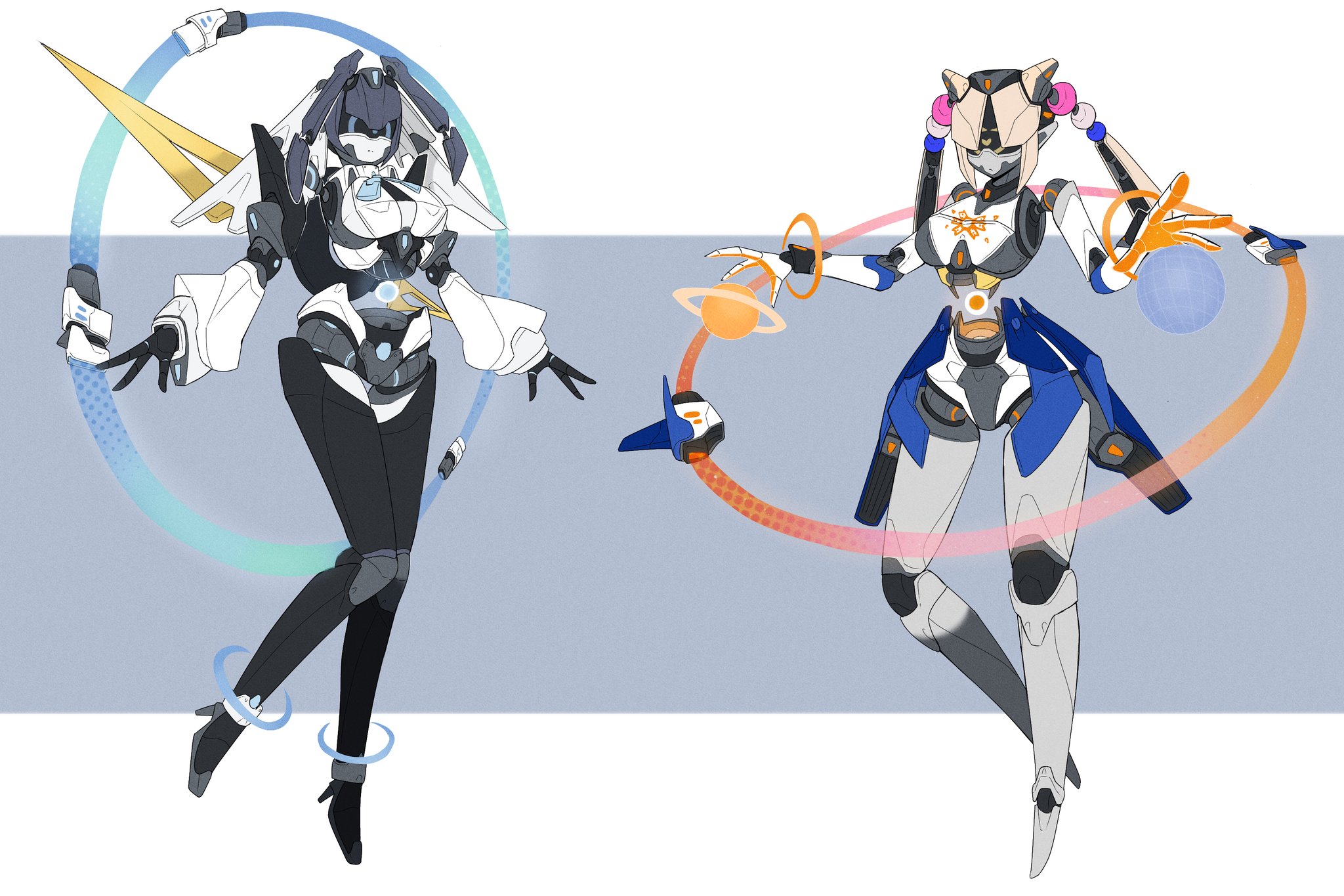 deevious deevi, ouro kronii, tsukumo sana, holocouncil, hololive, hololive english, holopromise, highres, tagme, bow, hair ornament, high heels, hologram, joints, planet, planet hair ornament, robot, robot girl, robot joints, stiletto heels, virtual youtuber