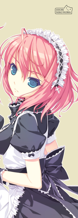 sayori (neko works), hisui (tsukihime), tsukihime, bad id, bad pixiv id, long image, tall image, 00s, blue eyes, bow, cross, hairband, maid, pink hair, short hair