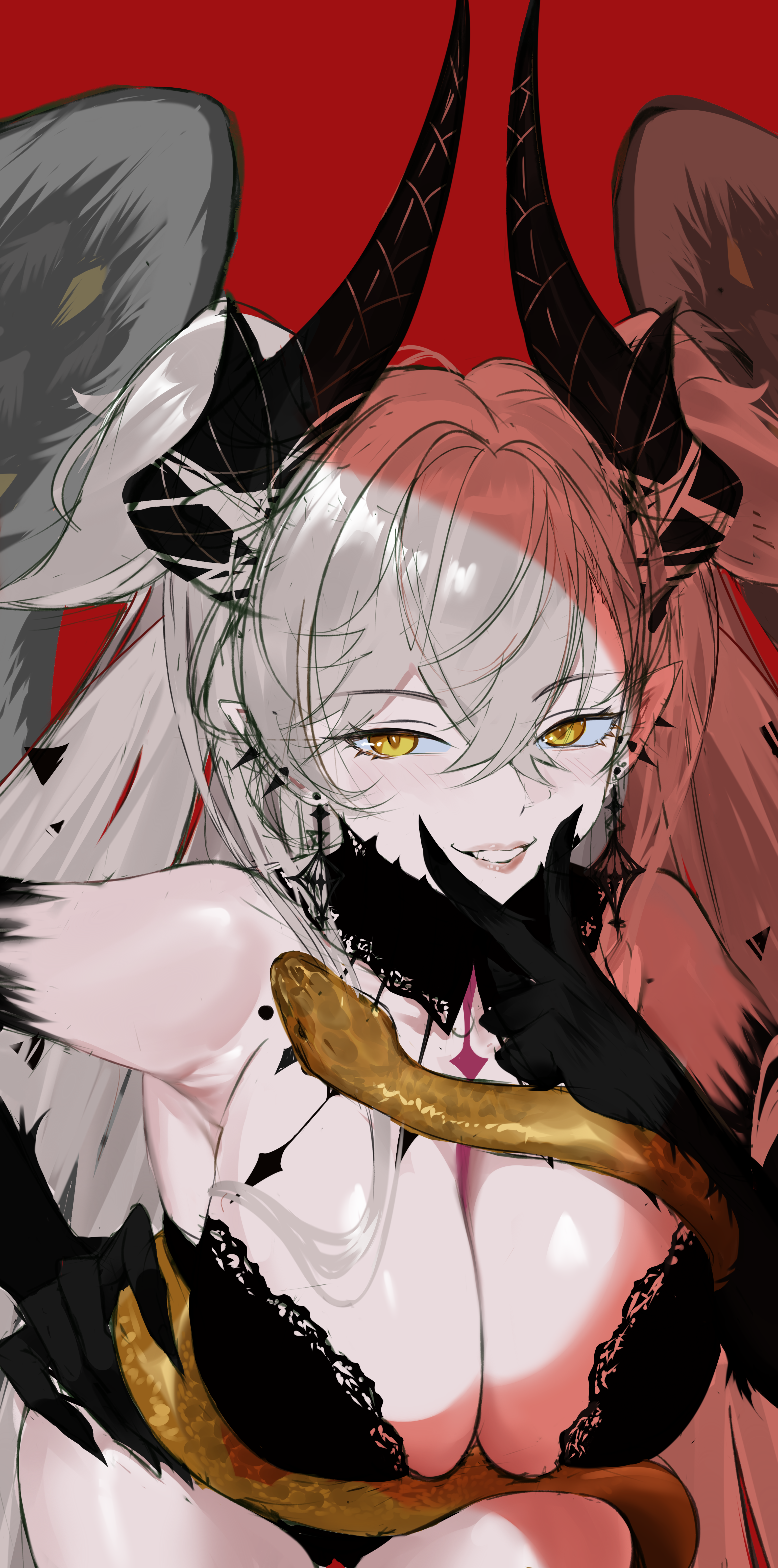 lilith (fate), lilith (third ascension) (fate), fate/grand order, fate (series), absurdres, highres, 1girl, black panties, breasts, demon girl, demon horns, demon wings, green eyes, grey hair, grey wings, hair on horn, hil199, horns, large breasts, long hair, panties, skeletal hand, snake, solo, underwear, wings