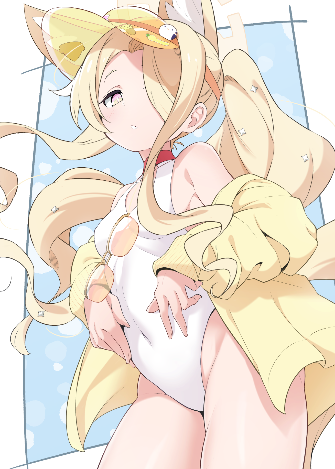 kirisaki reina, seia (blue archive), seia (swimsuit) (blue archive), blue archive, commentary request, highres, 1girl, animal ears, blonde hair, blue background, covered navel, fox ears, fox girl, halo, looking at viewer, official alternate costume, one-piece swimsuit, orange-tinted eyewear, pink eyes, solo, sunglasses, swimsuit, tinted eyewear, visor cap, white one-piece swimsuit, yellow halo