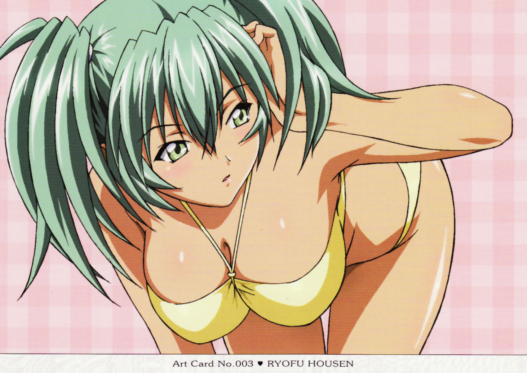 ryofu housen, ikkitousen, highres, 00s, 1girl, bent over, bikini, blush, breasts, cleavage, female focus, green eyes, green hair, halterneck, matching hair/eyes, solo, swimsuit, twintails, yellow bikini