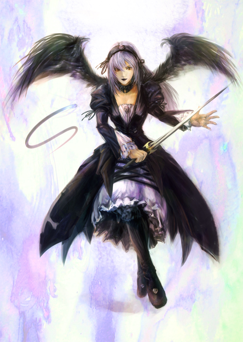 hayaken sarena, suigintou, rozen maiden, bad id, bad pixiv id, 00s, 1girl, black boots, black dress, boots, choker, dress, female focus, full body, headdress, holding, holding weapon, long hair, long sleeves, puffy sleeves, solo, sword, weapon, wings