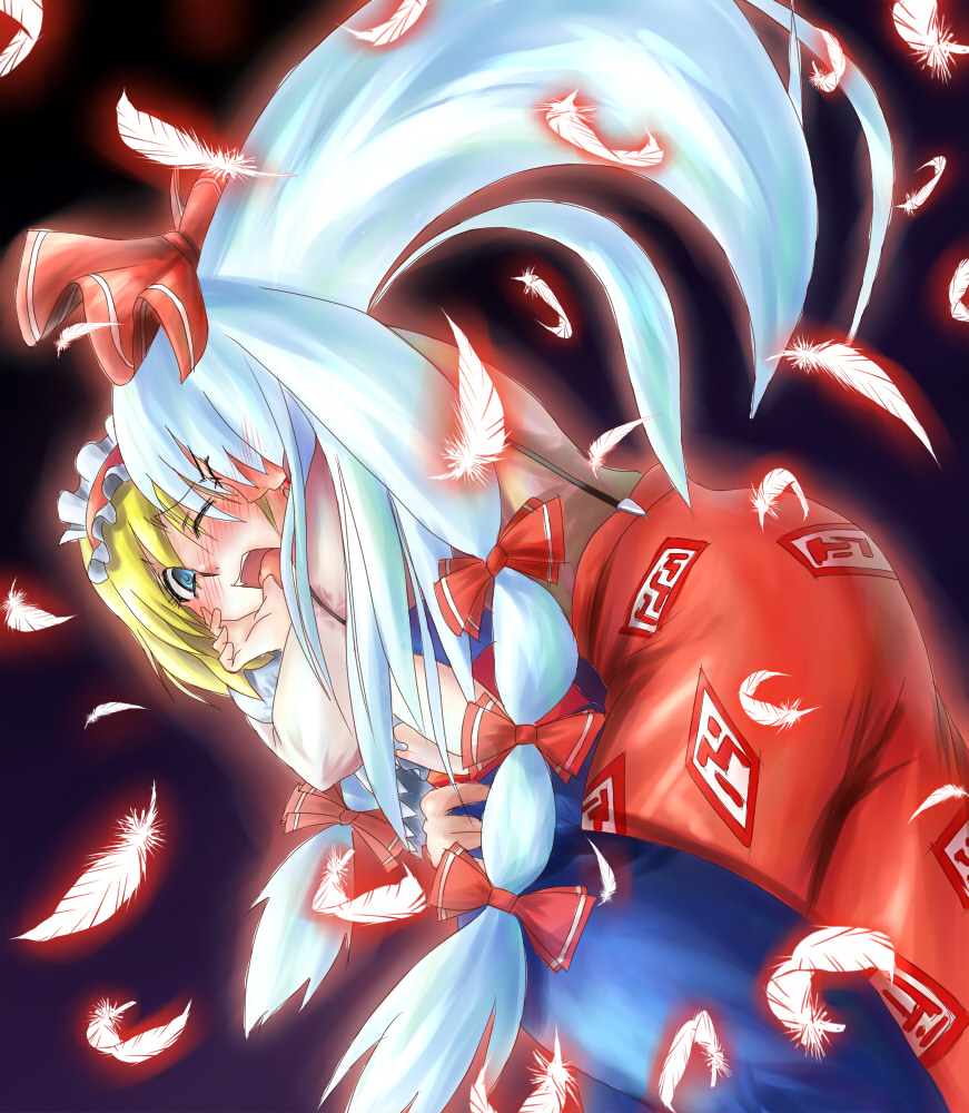 tora (pixiv), tora (trampjing), alice margatroid, fujiwara no mokou, touhou, 2girls, blonde hair, blue eyes, blue hair, blush, feathers, female focus, licking, multiple girls