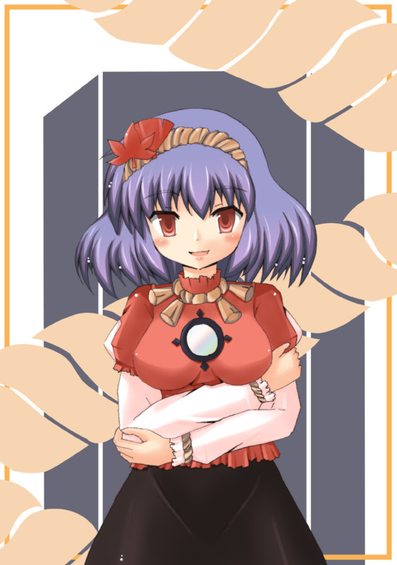 hinagi hiyaya, yasaka kanako, touhou, 1girl, blush, female focus, purple hair, rope, short hair, solo, standing