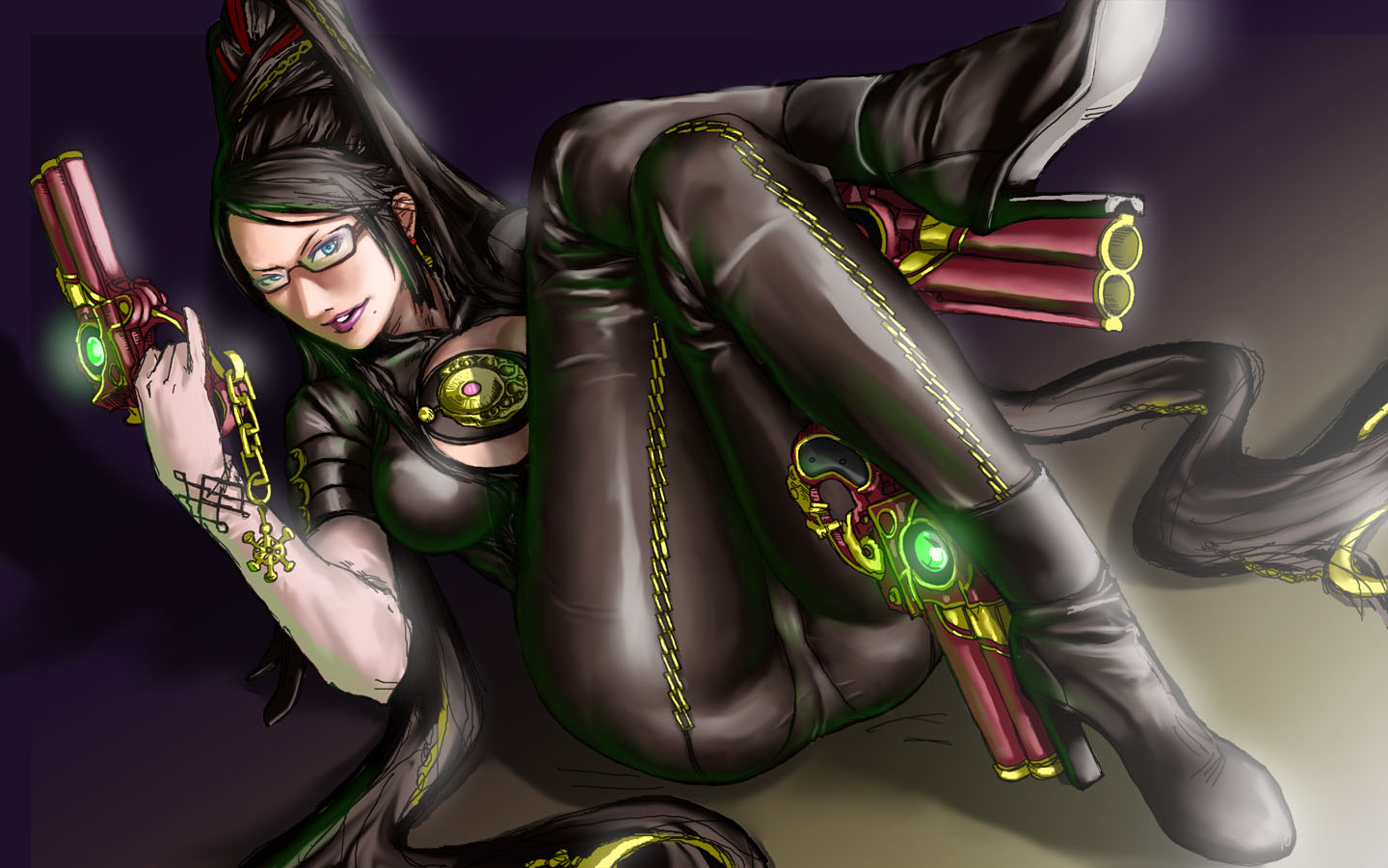 take (draghignazzo), bayonetta, bayonetta (series), bayonetta 1, 1girl, black hair, break-action pistol, derringer, double-barreled pistol, eyeshadow, glasses, gun, handgun, high heel gun, makeup, mole, mole under mouth, multiple-barrel gun, over-and-under-barreled pistol, pistol, scarborough fair (bayonetta), weapon