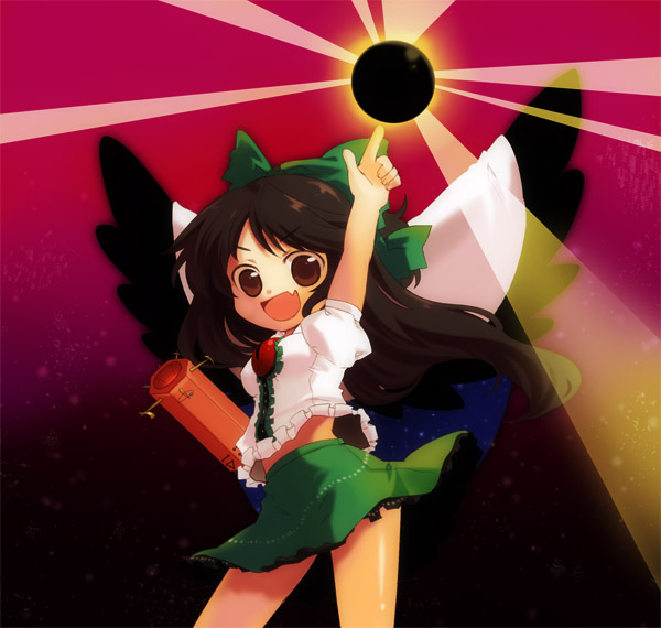chaba (hortensia), reiuji utsuho, touhou, bad id, bad pixiv id, 1girl, black hair, bow, brown eyes, brown hair, cape, chibi, fang, female focus, gradient background, hair ribbon, long hair, midriff, ribbon, skirt, solo, wings