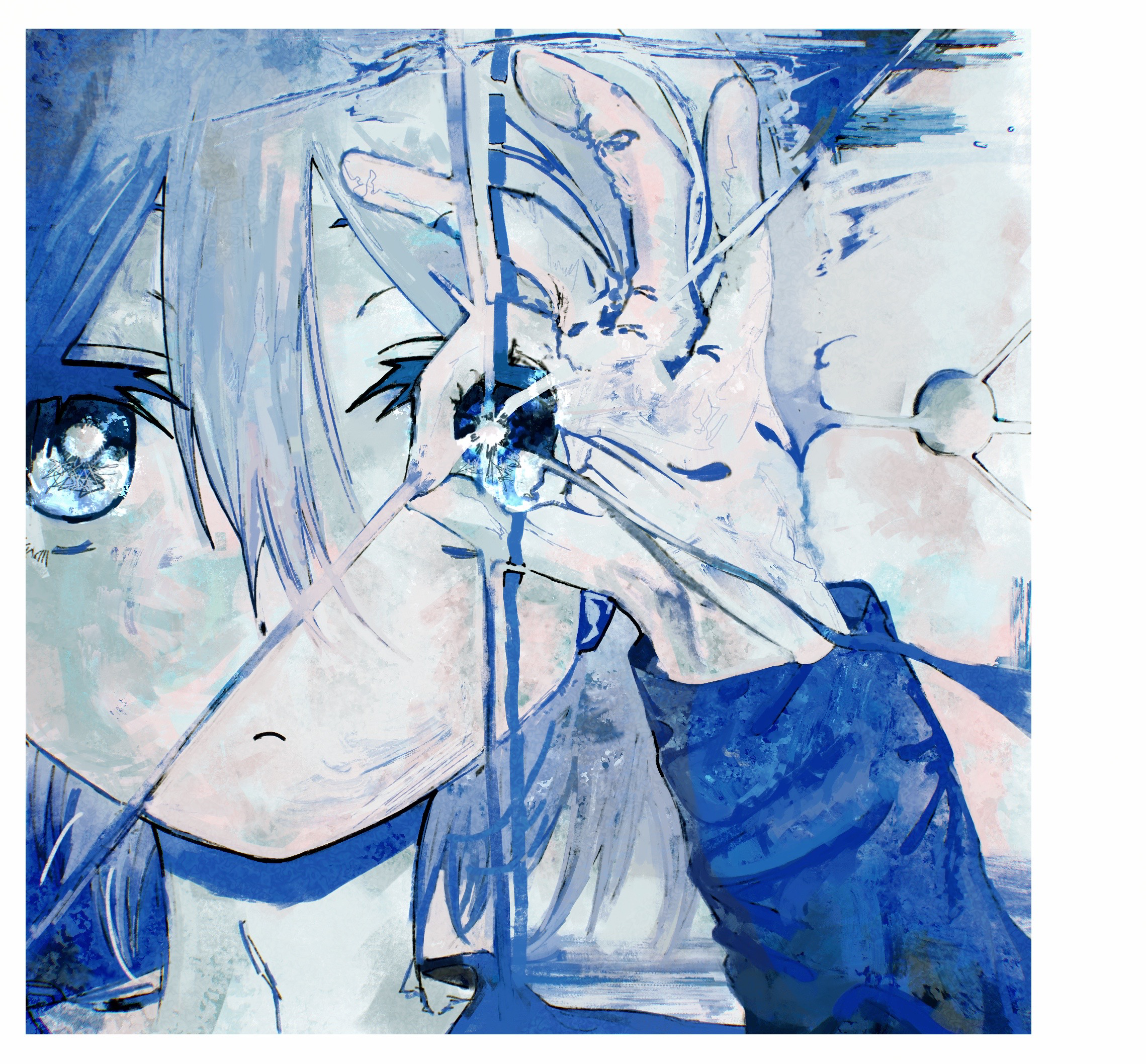 kanda kou (kani yakiniku), original, highres, 1girl, blue eyes, blue theme, border, close-up, expressionless, frown, hair between eyes, looking at viewer, ok sign, ok sign over eye, painterly, portrait, solo, sparkling eyes, white border