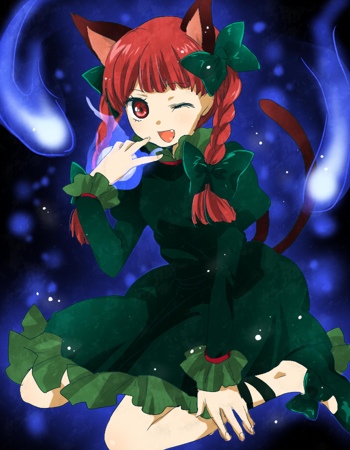 machiko (beard), kaenbyou rin, touhou, bad id, bad pixiv id, 1girl, animal ears, bow, braid, cat ears, cat girl, cat tail, dress, fang, female focus, hair bow, hair ribbon, hitodama, multiple hair bows, multiple tails, one eye closed, red eyes, red hair, ribbon, sitting, solo, tail, twin braids, twintails, wariza, wink