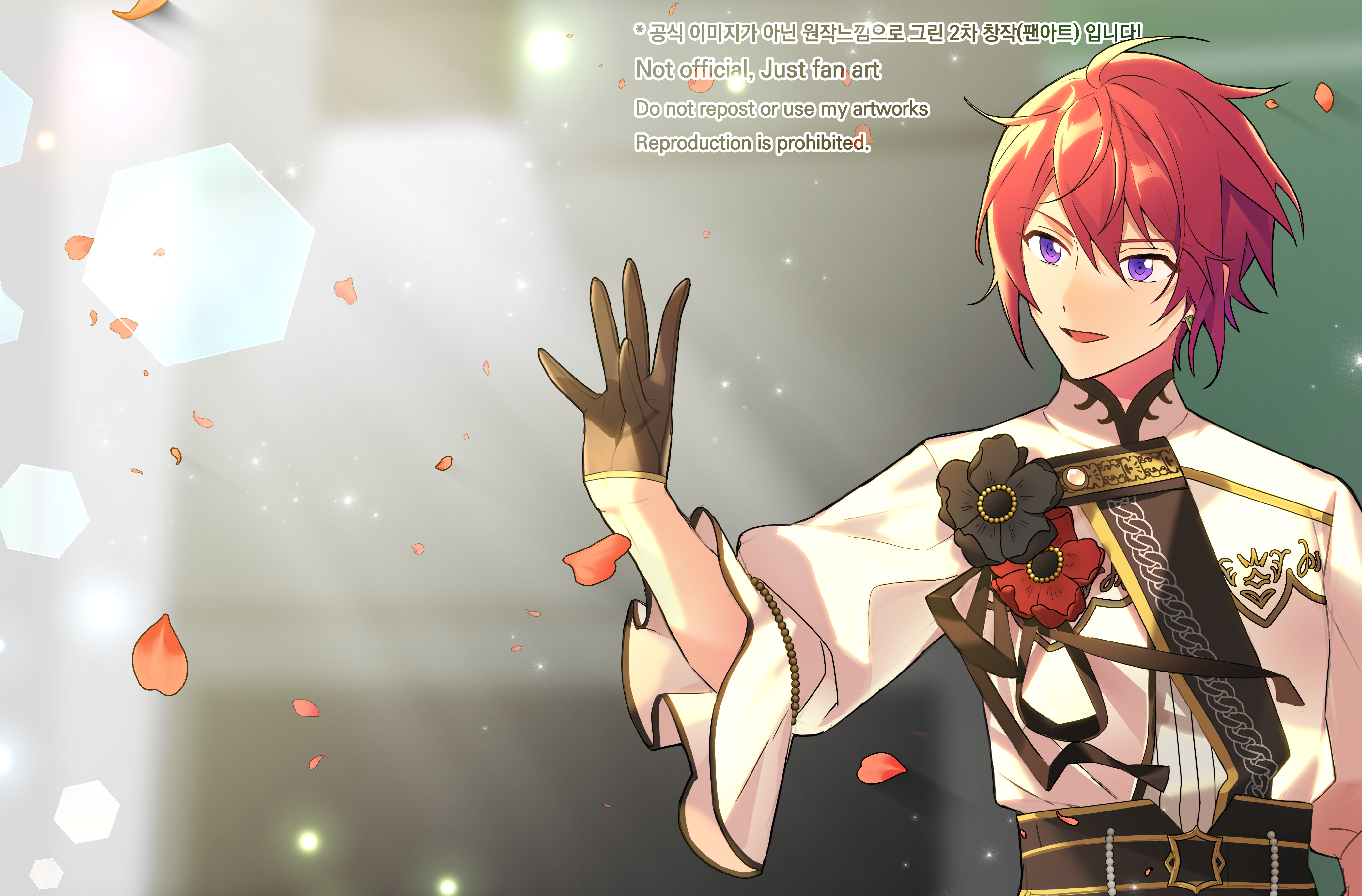 bamcream, suou tsukasa, ensemble stars!, absurdres, commentary, commentary request, english commentary, highres, mixed-language commentary, translation request, 1boy, gloves, hair between eyes, half gloves, hand up, korean text, long sleeves, male focus, open mouth, purple eyes, red hair, shirt, short hair, solo, upper body, watermark, white gloves, white shirt