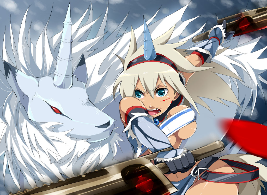 hattori masaki, kirin (monster hunter), capcom, monster hunter (series), bad id, 1girl, blood, dual wielding, female focus, holding, horns, kirin (armor), long hair, single horn, solo, sword, weapon