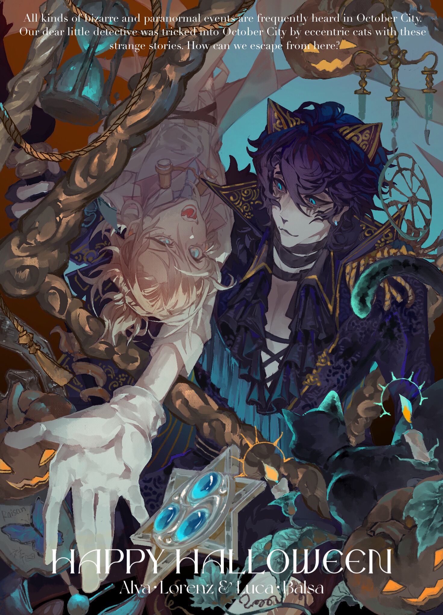 alva lorenz (lead consultant), luca balsa, luca balsa (paranormal detective), identity v, highres, 2boys, alva lorenz, animal ears, bandaged neck, bandages, black cat, black hair, black lips, black sclera, black suit, blonde hair, blue eyes, bruise, bruised eye, bug, butterfly, candle, cat, cat ears, coat, colored sclera, earrings, english text, fang, fang out, formal clothes, frilled sleeves, frills, gloves, grey necktie, half-closed eye, halloween, hourglass, injury, insect, jewelry, jie2107530, looking at another, makeup, multiple boys, necktie, official alternate costume, picture frame, plant, popped collar, pumpkin, runny makeup, suit, upside-down, vines, white coat, white gloves, yaoi