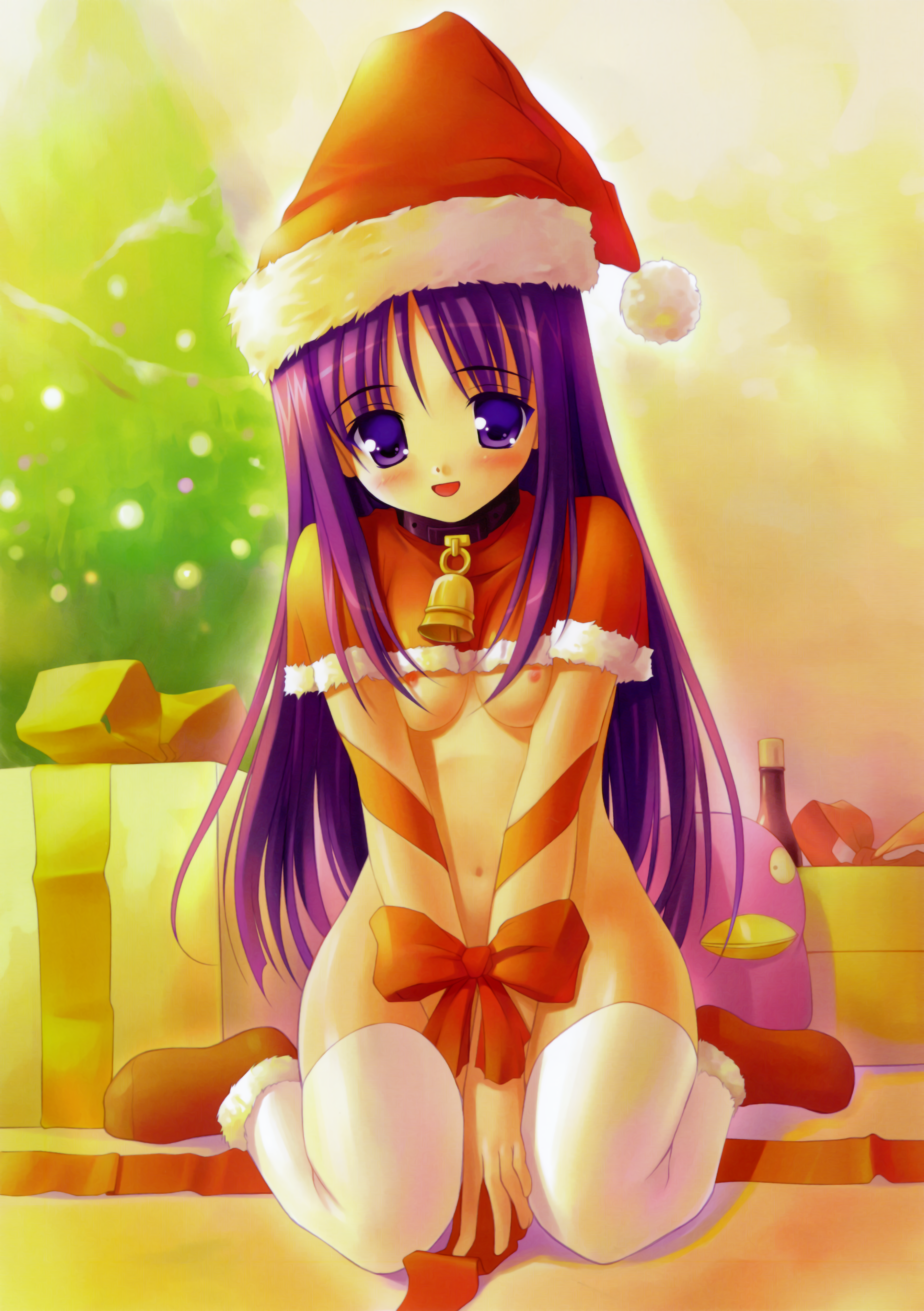 akamaru, original, absurdres, highres, 1girl, bell, bottomless, breasts, christmas, cowbell, female focus, flapper shirt, gift, hat, medium breasts, naked ribbon, nipples, no bra, panties, purple eyes, purple hair, ribbon, santa costume, shirt, solo, thighhighs, underboob, underwear