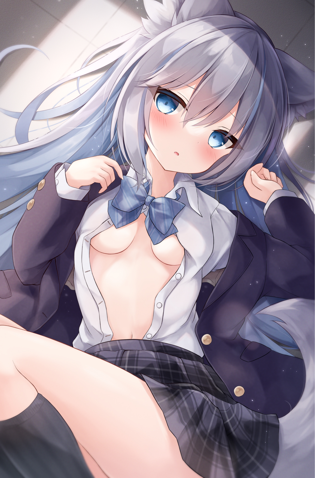mochizuki riku, original, highres, 1girl, animal ears, black jacket, black skirt, black socks, blazer, blue bow, blue bowtie, blue eyes, blush, bow, bowtie, breasts, diagonal-striped bow, diagonal-striped bowtie, diagonal-striped clothes, grey hair, jacket, kneehighs, layered sleeves, long hair, looking at viewer, lying, medium breasts, miniskirt, navel, on back, open clothes, open mouth, open shirt, plaid clothes, plaid skirt, school uniform, shirt, skirt, socks, solo, striped bow, striped bowtie, striped clothes, tail, white shirt, wolf ears, wolf girl, wolf tail