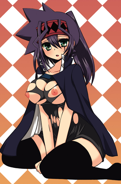mariru, otogi ryuuji, yu-gi-oh!, yu-gi-oh! duel monsters, bad id, bad pixiv id, 1girl, breasts, coat, female focus, genderswap, genderswap (mtf), green eyes, large breasts, nipples, open mouth, solo, thighhighs, torn clothes