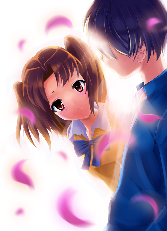 crazyodin, tohno shiki, yumizuka satsuki, tsukihime, 00s, brown hair, cherry blossoms, red eyes, smile, twintails, two side up