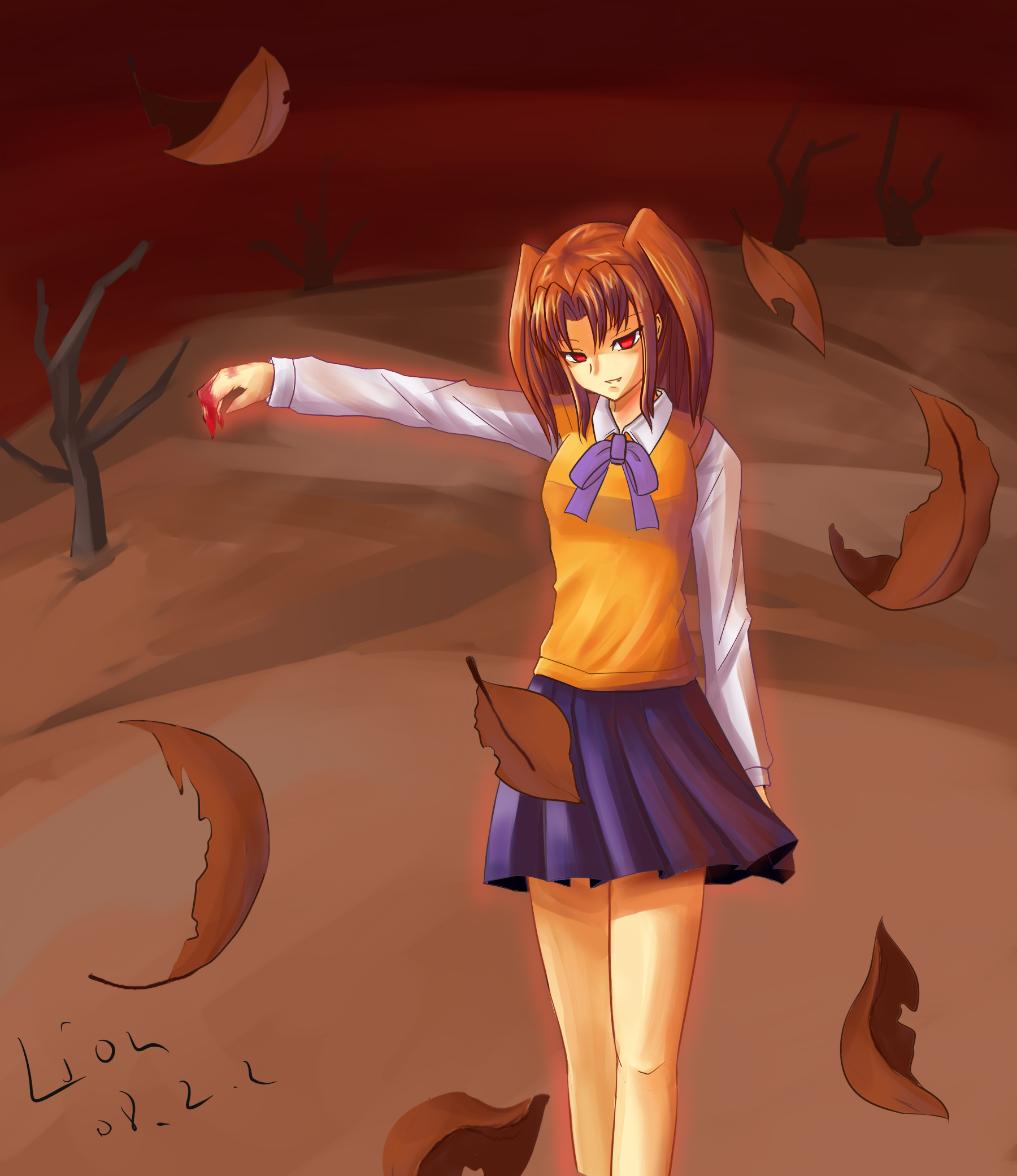 crazyodin, yumizuka satsuki, tsukihime, bad id, bad pixiv id, highres, 00s, 1girl, blood, blue skirt, brown hair, depletion garden, female focus, red eyes, school uniform, serafuku, skirt, smile, solo, twintails, two side up