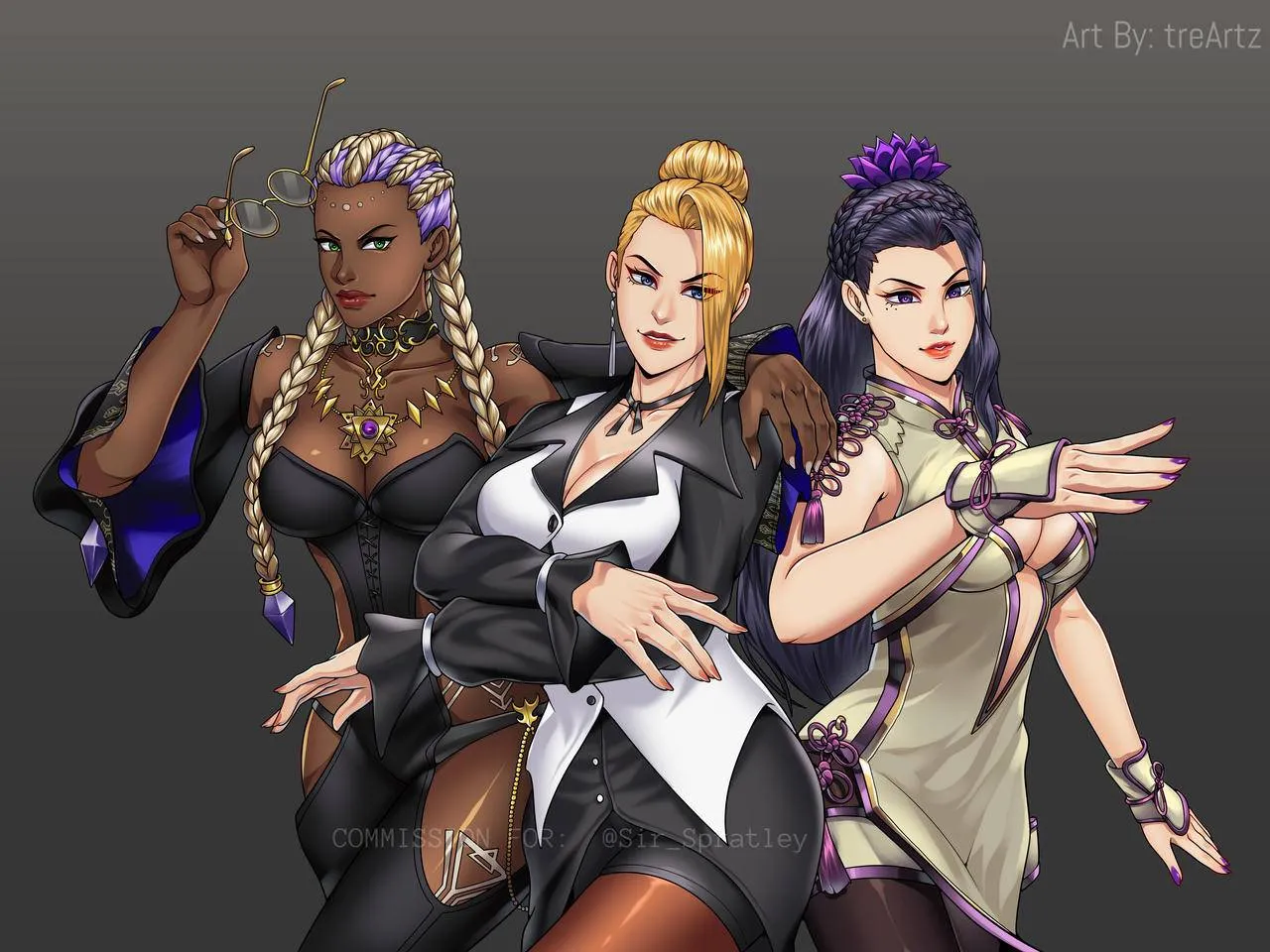 dolores (kof), luong, mature (kof), snk, the king of fighters, the king of fighters xv, 3girls, blonde hair, glasses, korean (nationality), multiple girls, secretary