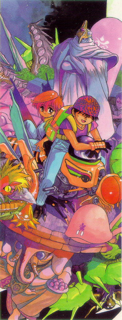 takada yuuzou, fujii yakumo, hong-nyan, kaiyanwang, ran pao pao, shiva (3×3 eyes), spazg, yakumo fuji, 3×3 eyes, 1girl, 2boys, black hair, denim, gauntlets, jeans, multiple boys, pants, red hair, space