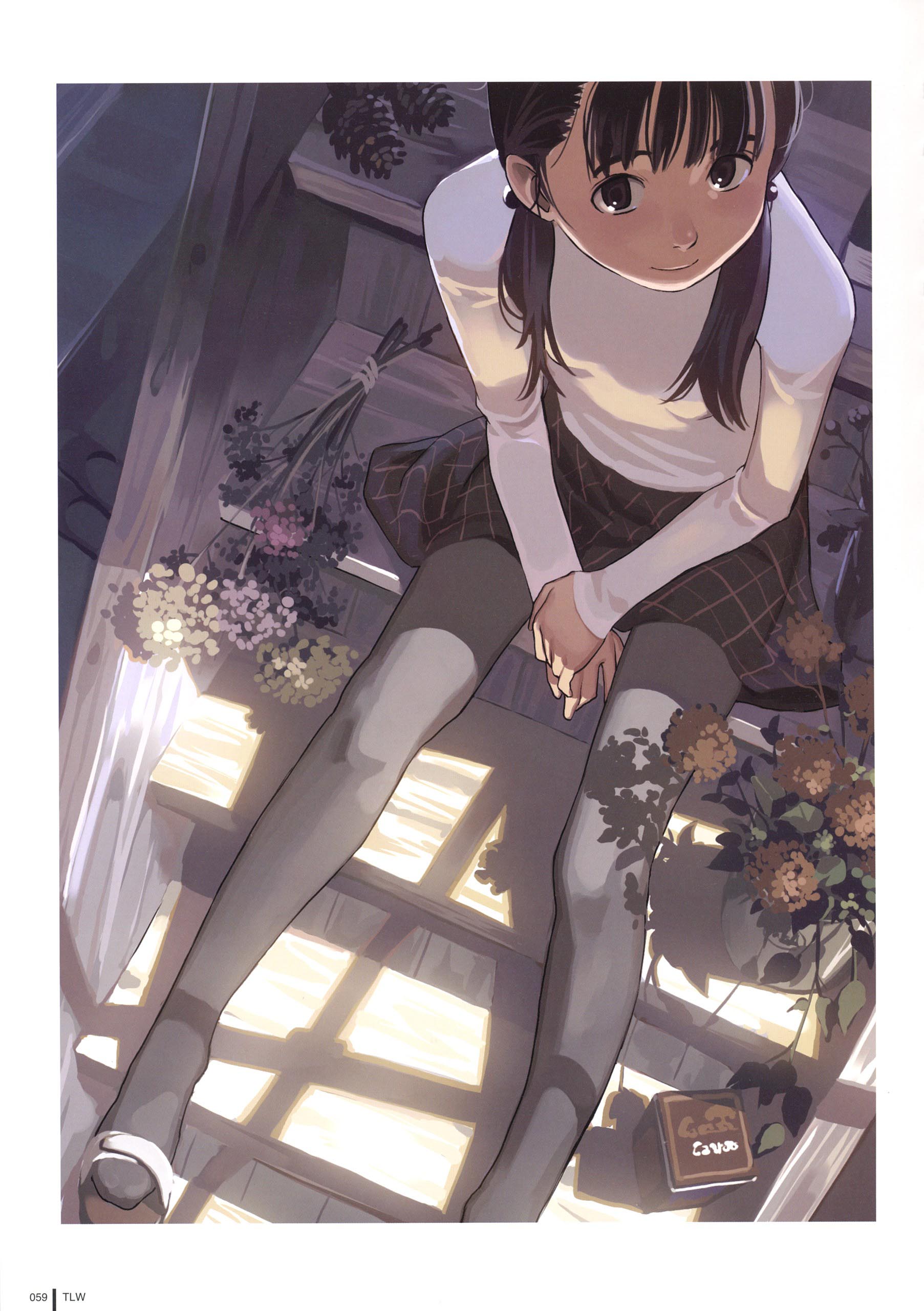 takamichi, original, absurdres, highres, non-web source, scan, 1girl, between thighs, black eyes, black hair, bouquet, box, brown eyes, brown hair, female focus, flat chest, flower, from above, hair bobbles, hair ornament, long hair, pantyhose, plaid clothes, plaid skirt, plant, potted plant, sandals, shade, shadow, shoe dangle, sitting, sitting on stairs, skirt, solo, stairs, sunlight, thighs, twintails, v arms
