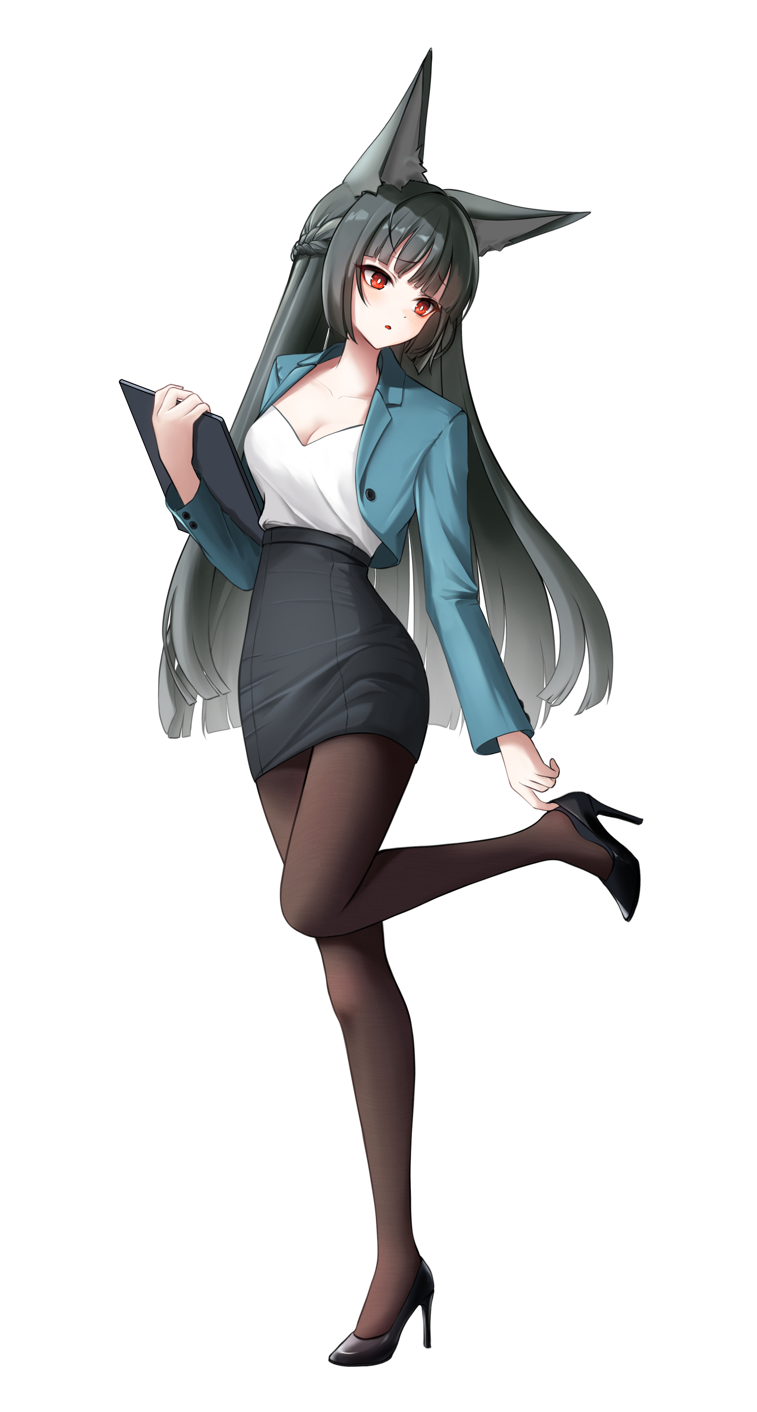hong su0, hoshimi miyabi, zenless zone zero, absurdres, highres, 1girl, adjusting footwear, alternate costume, animal ears, black hair, black shoes, black skirt, breasts, bright pupils, brown pantyhose, cleavage, clipboard, fox ears, fox girl, full body, high-waist skirt, high heels, holding, holding clipboard, jacket, long hair, long sleeves, office lady, open clothes, open jacket, pantyhose, parted lips, red eyes, shirt, shirt tucked in, shoes, simple background, skirt, solo, standing, standing on one leg, very long hair, white background, white pupils, white shirt