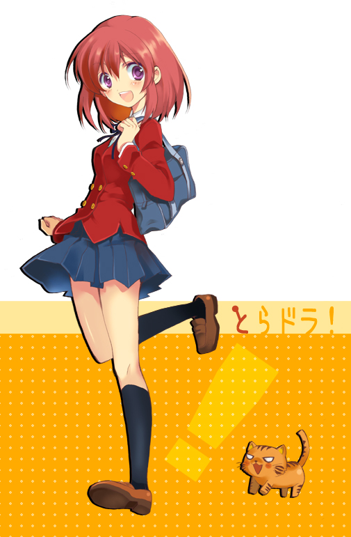 pan (mimi), kushieda minori, toradora!, bad id, bad pixiv id, 00s, black socks, blouse, cat, copyright name, full body, kneehighs, purple eyes, red shirt, school uniform, serafuku, shirt, short hair, skirt, socks, standing, standing on one leg, yellow background