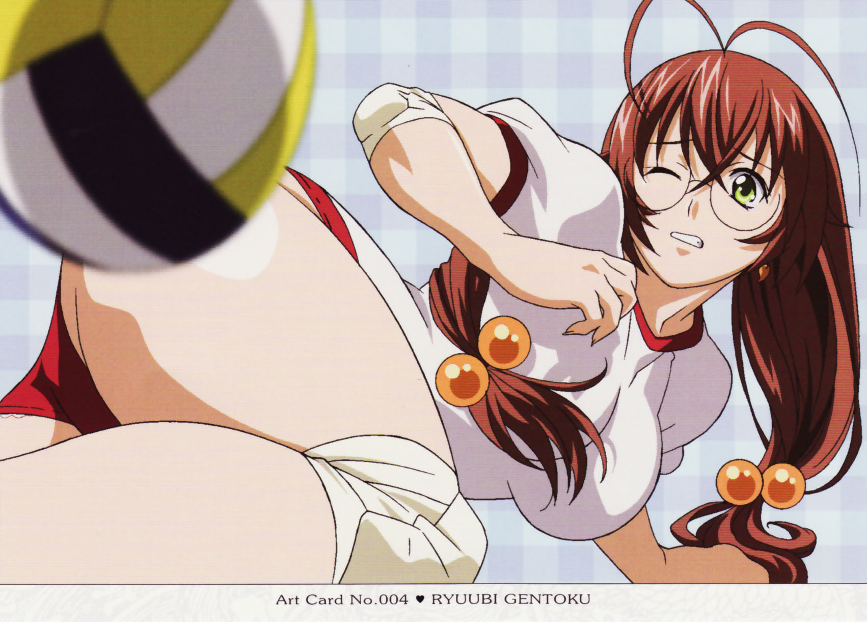 ryuubi gentoku, ikkitousen, highres, 00s, 1girl, antenna hair, breasts, brown hair, buruma, character name, clenched teeth, earrings, elbow pads, glasses, green eyes, gym uniform, hair bobbles, hair ornament, jewelry, knee pads, large breasts, long hair, low-tied long hair, lying, magatama, magatama earrings, one eye closed, teeth, twintails, wink