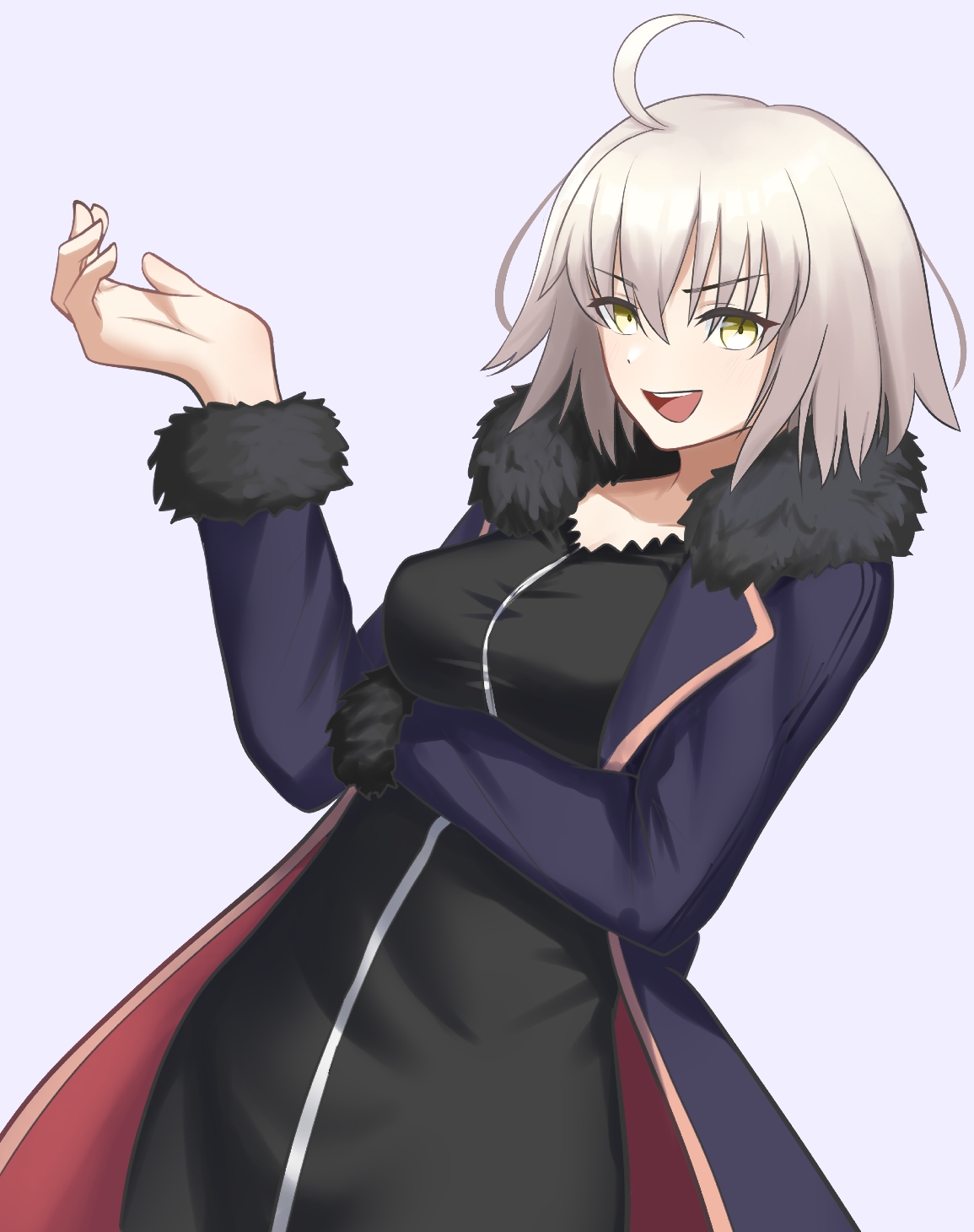 daifuku um, jeanne d'arc alter (avenger) (fate), jeanne d'arc alter (fate), jeanne d'arc alter (ver. shinjuku 1999) (fate), fate/grand order, fate (series), commentary request, highres, 1girl, ahoge, black dress, blue coat, breasts, coat, dress, fur-trimmed coat, fur-trimmed sleeves, fur trim, grey background, grey hair, hair between eyes, looking at viewer, medium breasts, official alternate costume, open clothes, open coat, open mouth, short hair, simple background, smile, solo, teeth, upper teeth only, yellow eyes