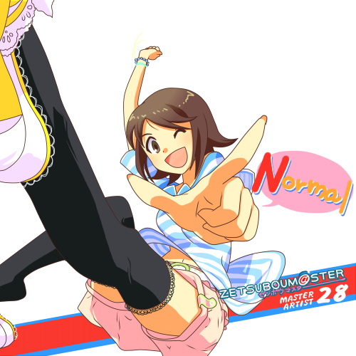 hitou nami, idolmaster, sayonara zetsubou sensei, striped, lowres, brown eyes, brown hair, midriff, parody, pointing, short hair, shorts, smile, thighhighs, wink