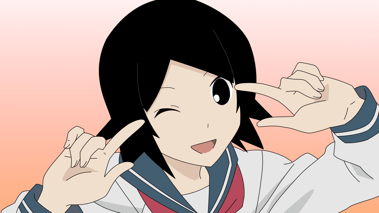 hitou nami, sayonara zetsubou sensei, derivative work, non-web source, vector trace, 00s, black eyes, black hair, one eye closed, pointing, school uniform, serafuku, short hair, smile, solo, wink