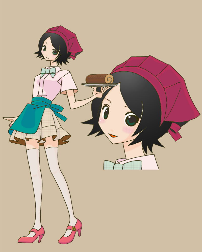 hitou nami, sayonara zetsubou sensei, non-web source, 00s, apron, black hair, bow, hat, headscarf, looking back, red headscarf, short hair, skirt, thighhighs, tray, waist apron, waitress, zettai ryouiki