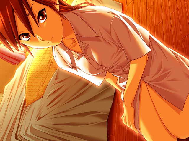 oribe sayuri, bakusa, chained heart, game cg, jpeg artifacts, 1girl, brown eyes, brown hair, female focus, solo