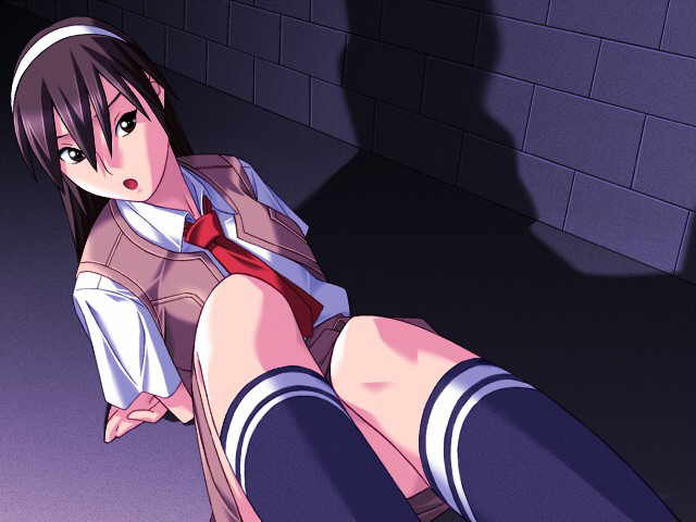 oribe sayuri, bakusa, chained heart, game cg, jpeg artifacts, 1girl, brown eyes, brown hair, female focus, school uniform, serafuku, solo