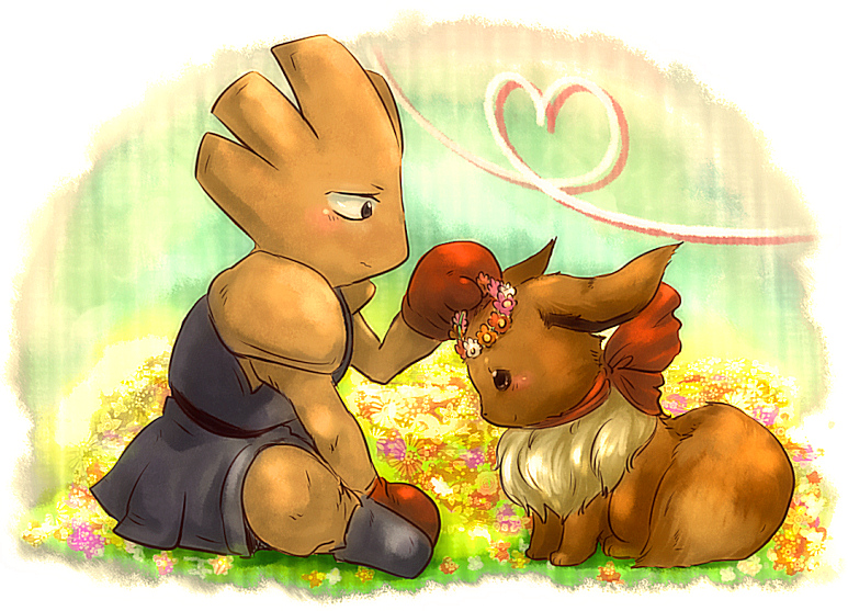 kokh, eevee, hitmonchan, nintendo, pokemon, boxing gloves, flower, gen 1 pokemon, head wreath, heart, no humans, pokemon (creature), profile, sitting, smile