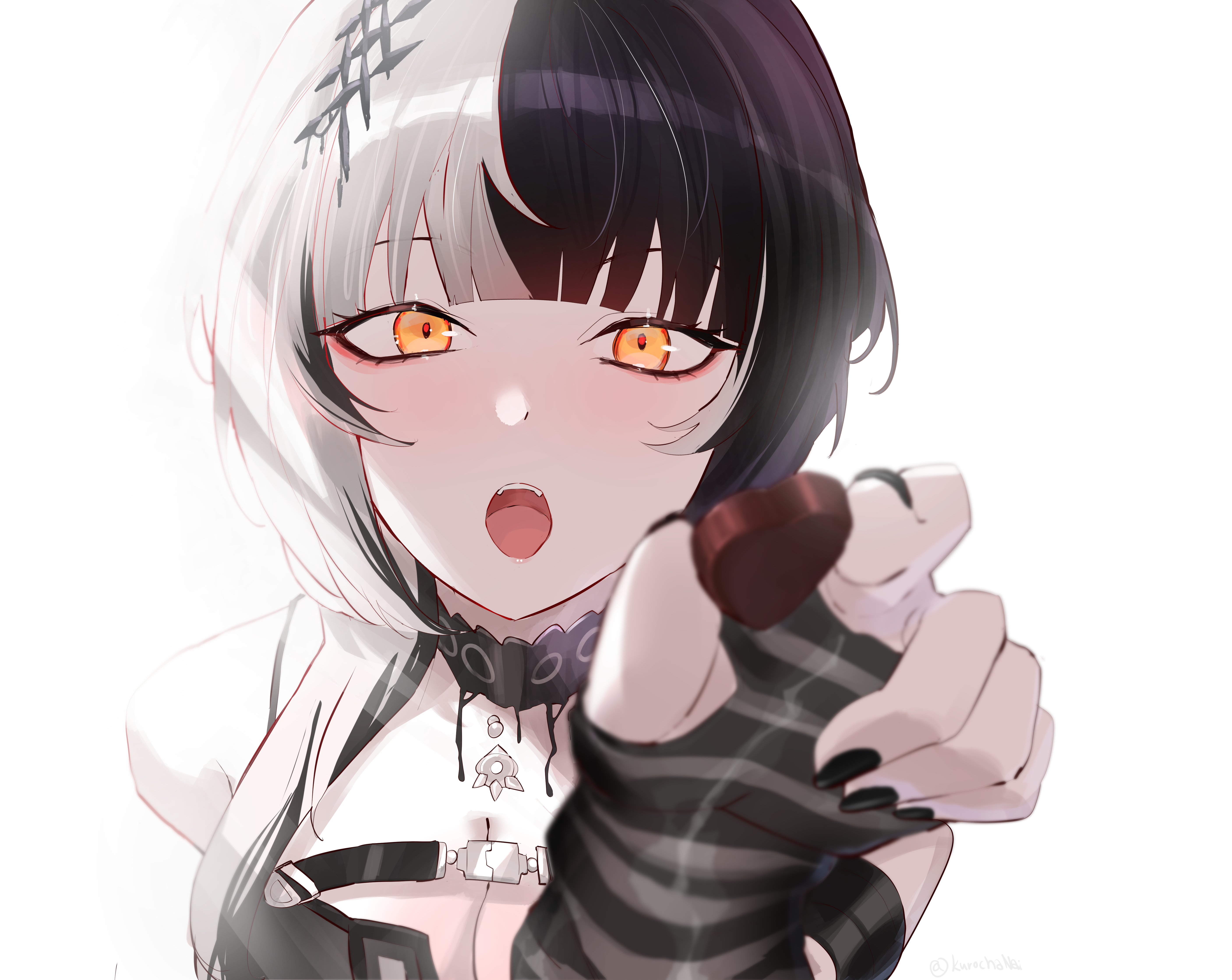 kurochanai, shiori novella, hololive, hololive english, absurdres, commentary, highres, 1girl, black arm warmers, black choker, black hair, black nails, breasts, candy, chocolate, chocolate heart, choker, cleavage, food, grey hair, hair ornament, heart, heart-shaped food, holding, holding chocolate, holding food, incoming food, large breasts, long hair, looking at viewer, multicolored hair, nail polish, open mouth, simple background, solo, split-color hair, striped arm warmers, two-tone hair, virtual youtuber, white background, yellow eyes