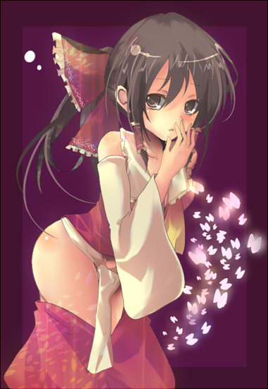 pochi-t, hakurei reimu, touhou, bad id, bad pixiv id, 1girl, ass, black hair, brown eyes, bug, butterfly, clothes pull, detached sleeves, female focus, frown, hair ribbon, japanese clothes, long hair, miko, ponytail, ribbon, skirt, skirt pull, solo, thighs