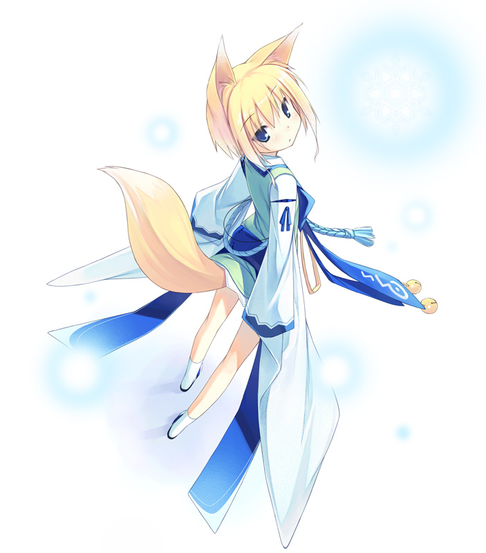 poco (asahi age), kitsune (poko), shiratama kitsune, original, 1girl, animal ears, blonde hair, blue eyes, female focus, fox ears, from above, japanese clothes, looking back, perspective, short hair, solo, tail