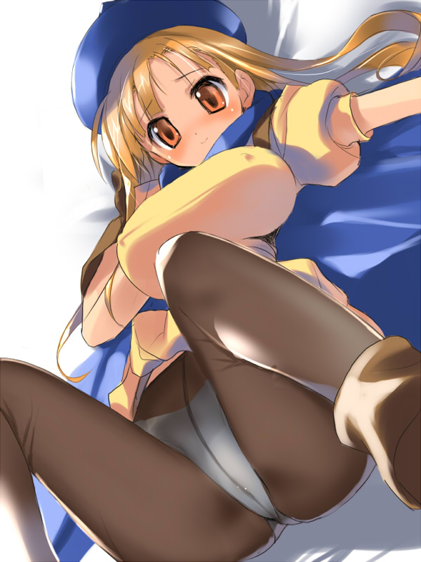 hima, alena (dq4), chunsoft, dragon quest, dragon quest iv, enix, 1girl, blush, breasts, brown eyes, brown hair, covered erect nipples, crotch seam, female focus, hat, large breasts, long hair, panties, panties under pantyhose, pantyhose, pantyshot, solo, underwear, white panties