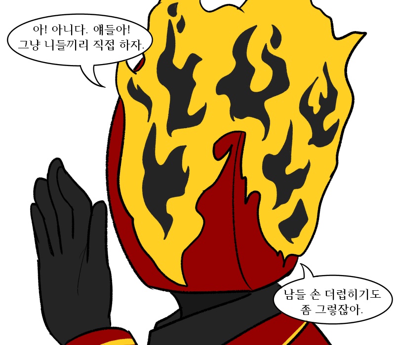 dante (limbus company), limbus company, project moon, check translation, commentary request, korean commentary, translation request, 1other, black gloves, black shirt, clock, coat, collared shirt, fire, gloves, korean text, necktie, object head, quka404, red coat, red necktie, shirt, solo, speech bubble