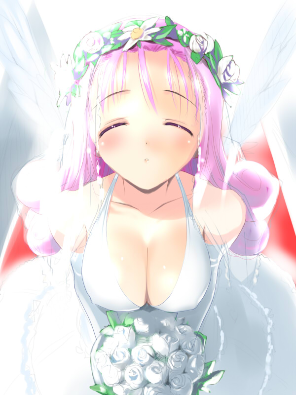 hima, lucia (dq), chunsoft, dragon quest, dragon quest iv, enix, 1girl, angel wings, blush, bouquet, breasts, bride, cleavage, closed eyes, covered erect nipples, dress, female focus, flower, large breasts, long hair, pink hair, solo, wedding dress, wings