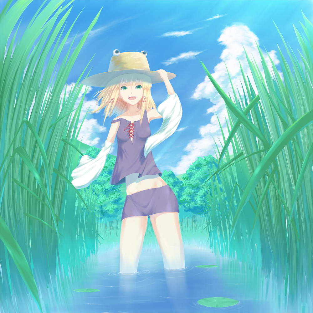 mafu, moriya suwako, touhou, bad id, bad pixiv id, 1girl, adapted costume, blonde hair, female focus, forest, green eyes, hat, lily pad, nature, navel, outdoors, plant, skirt, sky, solo, water
