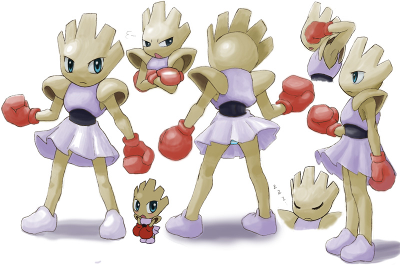 hitmonchan, nintendo, pokemon, arm up, boxing gloves, chibi, closed eyes, gen 1 pokemon, ibaru (high score), multiple views, open mouth, pokemon (creature), skirt, white background, zzz