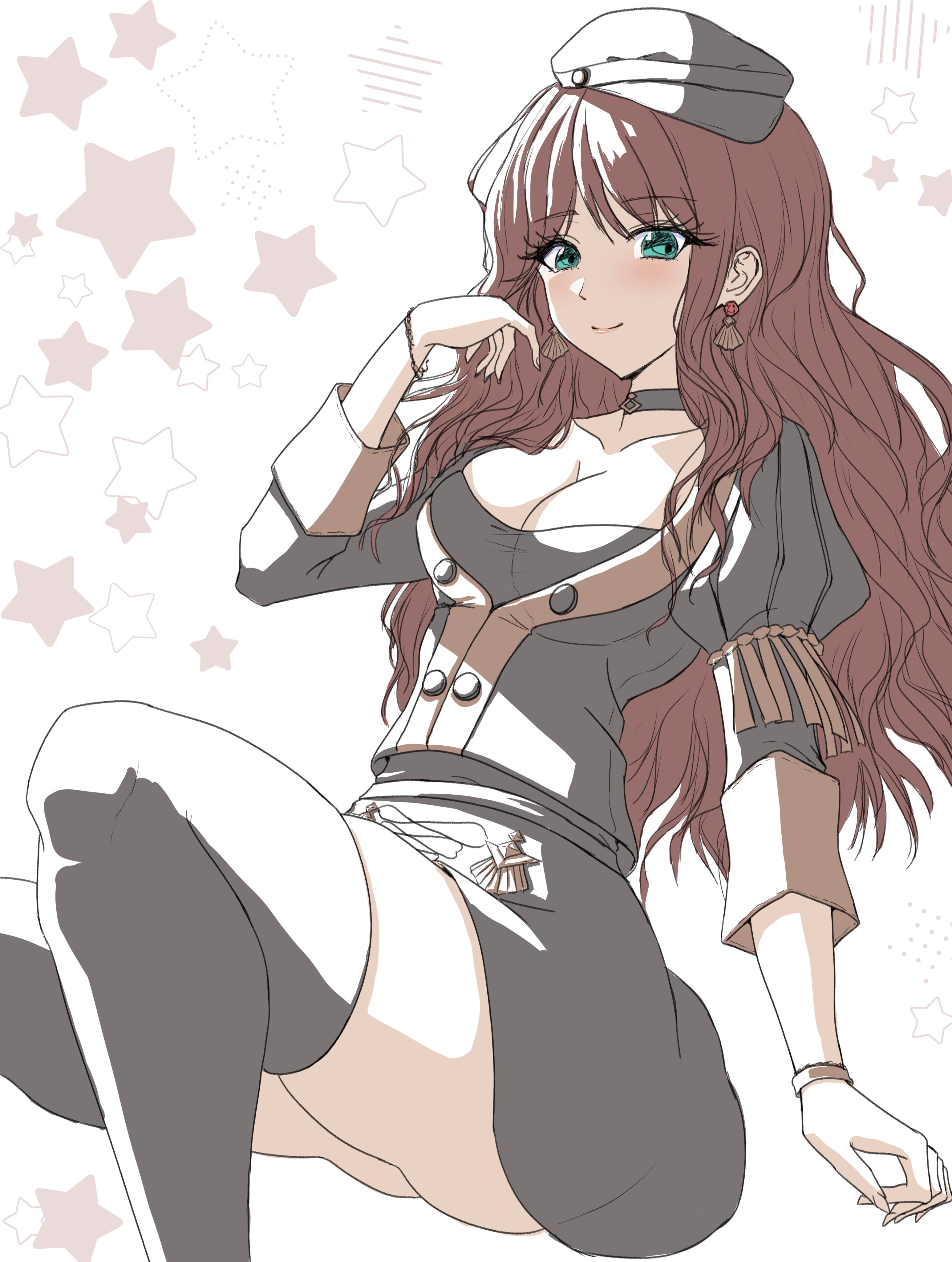 dorothea arnault, fire emblem, fire emblem: three houses, nintendo, 1girl, bracelet, breasts, brown hair, choker, cleavage, collarbone, earrings, garreg mach monastery uniform, green eyes, hat, jewelry, large breasts, long hair, skirt, solo, thighhighs