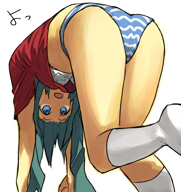 hama (22ji kara 24ji), bad id, bad pixiv id, 1girl, aqua hair, ass, bent over, blue eyes, blue hair, bra, d:, female focus, kneehighs, lingerie, matching hair/eyes, no pants, open mouth, panties, socks, solo, striped clothes, striped panties, twintails, underwear, upshirt