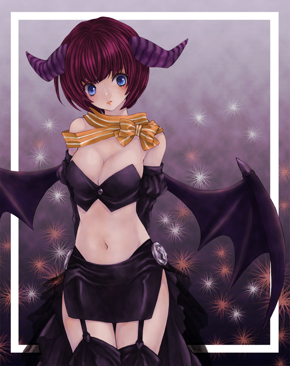 akatsuki byakuya, original, bad id, bad pixiv id, highres, 1girl, bat wings, blue eyes, bow, breasts, cleavage, elbow gloves, female focus, garter belt, gloves, horns, large breasts, midriff, navel, red hair, ribbon, short hair, solo, thighhighs, wings